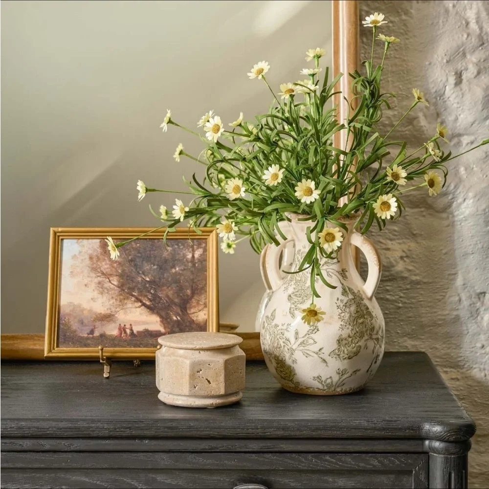 Distressed Floral Vase with Handles - Magnolia